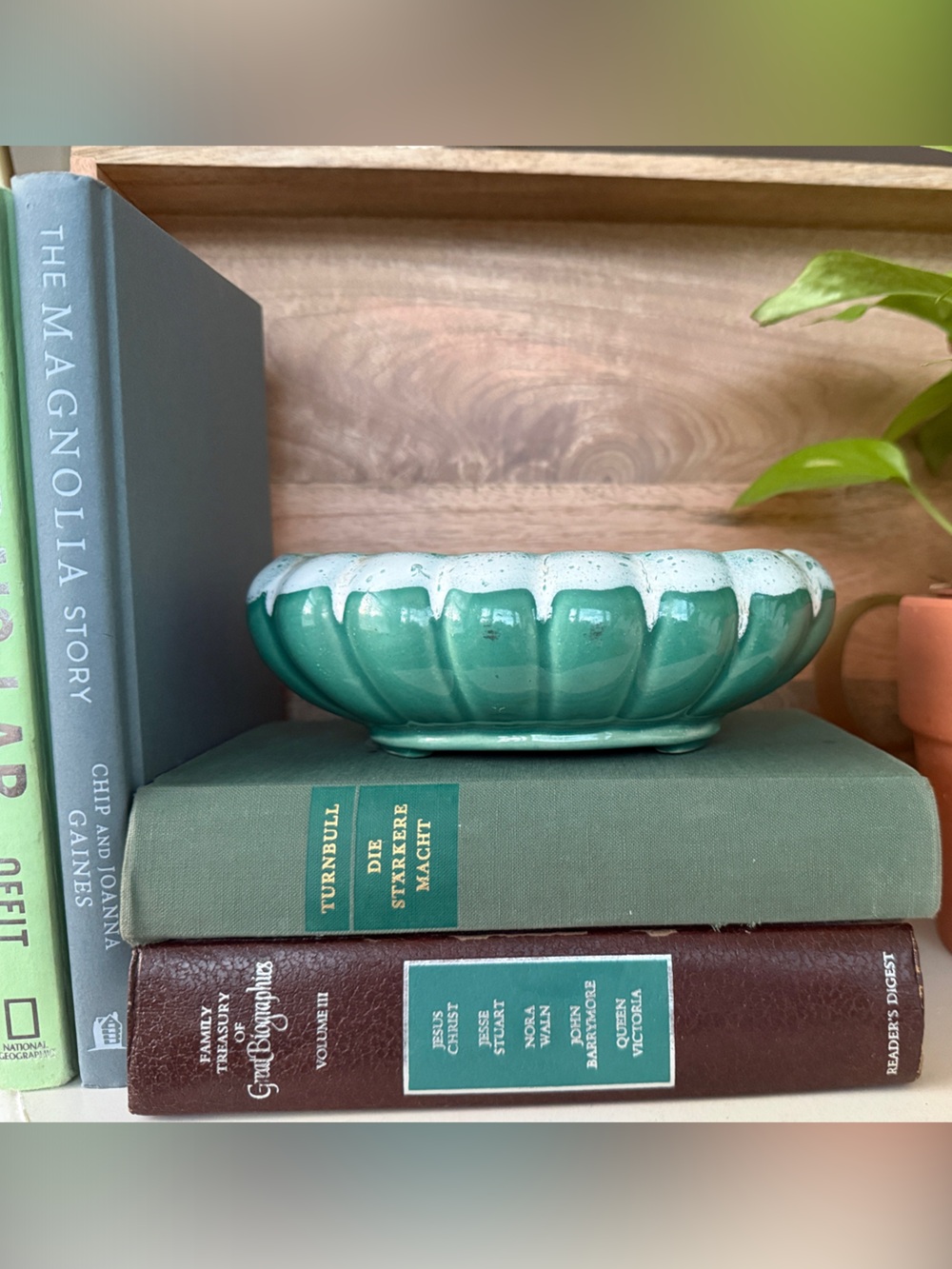 Original Handmade Vintage Green and White  Ceramic Bowl